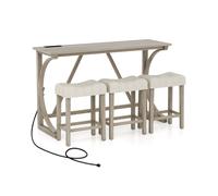 CostwayEnsemble de Table de Bar 4 Pièces en Bois d'Hévéa avec Prise de Courant à Hauteur de Comptoir Tabourets Rembourrés 150*48*92cm Gris