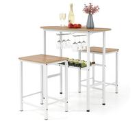 CostwayEnsemble de Table de Hauteur de Comptoir 3 Pièces Table à Manger Ovale et 2 Tabourets avec Porte-Bouteilles Porte-Verres à Vin Naturel