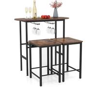 CostwayEnsemble de Table de Hauteur de Comptoir 3 Pièces Table à Manger Ovale et 2 Tabourets avec Porte-Bouteilles Porte-Verres à Vin Café