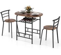 CostwayEnsemble de Table et 2 Chaises de Cuisine Plateau en Grain de Bois Casier à Vin Cadre en Métal Peu Encombrant pour Cuisine Marron Rustique + Noir