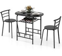 CostwayEnsemble de Table et 2 Chaises de Cuisine Plateau en Grain de Bois Casier à Vin Cadre en Métal Peu Encombrant pour Cuisine Noir
