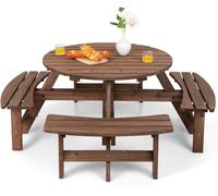 CostwayEnsemble de Table et 4 Bancs de Jardin 8 Personnes en Sapin Verni Table de Pique-Nique avec Trou de Parasol