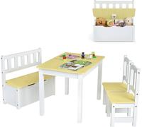 CostwayEnsemble de Table et Chaises pour Enfant avec Table 2 Chaises et Banc de Rangement 2 en 1 pour Étudier et Manger Naturel