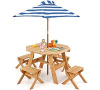 CostwayEnsemble de Table et Tabourets pour Enfants de 3 Ans et Plus Table de Pique-nique en Bois Parasol Pliable et Hauteur Réglable Naturel