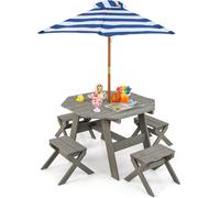 CostwayEnsemble de Table et Tabourets pour Enfants de 3 Ans et Plus Table de Pique-nique en Bois Parasol Pliable et Hauteur Réglable Gris