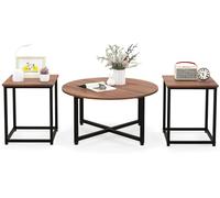 CostwayEnsemble de Tables Basses 3 Pièces Table Ronde et 2 Tables d'Appoint Carrées avec Cadre en Métal Robuste Noyer