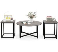 CostwayEnsemble de Tables Basses 3 Pièces Table Ronde et 2 Tables d'Appoint Carrées avec Cadre en Métal Robuste Gris
