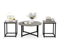 CostwayEnsemble de Tables Basses 3 Pièces Table Ronde et 2 Tables d'Appoint Carrées avec Cadre en Métal Robuste Gris
