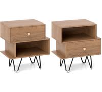 CostwayEnsemble de Tables de Chevet 2 Tables de Bout de Style Moderne du Milieu du Siècle avec Tiroir Amovible & Compartiment Ouvert Naturel