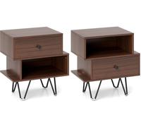 CostwayEnsemble de Tables de Chevet 2 Tables de Bout de Style Moderne du Milieu du Siècle avec Tiroir Amovible & Compartiment Ouvert Noyer