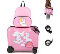 CostwayEnsemble de Valise 18 et Sac à Dos 12 pour Enfants Valise à Roulettes avec Corde pour Tirer et Éviter La Perte Sangle de Transport Motif de Licorne Rose