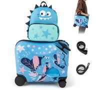 CostwayEnsemble de Valise 18 et Sac à Dos 12 pour Enfants Valise à Roulettes avec Corde pour Tirer et Éviter La Perte Sangle de Transport Bleu