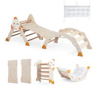 CostwayEnsemble d'Escalade Montessori en Bois 8 en 1 pour 1+ Ans Structure d'Escalade Pliable avec Triangle Arche Toboggan Réversible Naturel