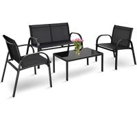 CostwayEnsemble Salon de Jardin 4 Places 2 Fauteuils 1 Canapé et 1 Table Basse en Verre Tissu en Textilene Anti-UV Noir