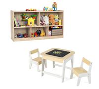 CostwayEnsemble Siège Enfant + Armoire à Jouets 3 Pièces Table d'Enfant avec 2 Chaises Étagère pour Enfants Blanc+Naturel