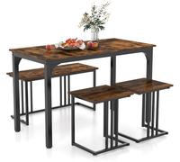 CostwayEnsemble Table de Cuisine 2 Banc 2 Tabourets Style Industriel Cadre en Métal Marron Rustique et Noir