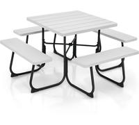 CostwayEnsemble Table de Pique-nique avec 4 Bancs Intégrés Tbale de PIque-nique Carrée 135KG Trou pou Parasol 170x170x76cm Blanc