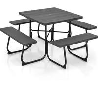 CostwayEnsemble Table de Pique-nique avec 4 bancs intégrés Tbale de PIque-nique Carrée 135KG Trou pou Parasol 170x170x76cm Noir
