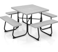 CostwayEnsemble Table de Pique-nique avec 4 bancs intégrés Tbale de PIque-nique Carrée 135KG Trou pou Parasol 170x170x76cm Gris