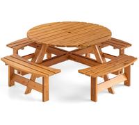 CostwayEnsemble Table de Pique-Nique en Bois pour 2 à 8 Personnes Set Table et Banc Circulaire avec 4 Bancs Intégrés Trou de Parasol de 5cm Jaune