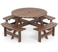 CostwayEnsemble Table de Pique-Nique en Bois pour 2 à 8 Personnes Set Table et Banc Circulaire avec 4 Bancs Intégrés Trou de Parasol de 5cm Marron