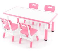 CostwayEnsemble Table Enfant et 4 Chaises Bureau Réglable en Hauteur avec Plateau Graffiti Pieds Antidérapants Table Multifonction Rose