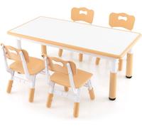 CostwayEnsemble Table Enfant et 4 Chaises Bureau Réglable en Hauteur avec Plateau Graffiti Pieds Antidérapants Table Multifonction Naturel