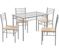 CostwayEnsemble Table et 4 Chaises Table à Manger avec 4 Chaises Cadre en Métal Table Cuisine en Verre pour Cuisine Restaurant Salon