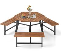 CostwayEnsemble Table et Banc en Bois D'acacia pour 6 Personnes Table à Manger 3 Places avec Trou pour Parasol Plateau Rainuré avec Cadre en Métal