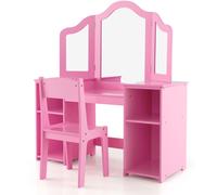 CostwayEnsemble Table et Chaise 2 en 1 pour Enfants Coiffeuse de Maquillage avec Miroir Amovible à Trois Volets Étagères Ouvertes Filles de 3+ Ans Rose