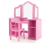CostwayEnsemble Table et Chaise 2 en 1 pour Enfants Coiffeuse de Maquillage avec Miroir Amovible à Trois Volets Étagères Ouvertes Filles de 3+ Ans Rose