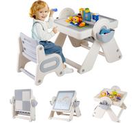 CostwayEnsemble Table et Chaise pour Enfants Multi-activités Chevalet d'Art Pliant avec Plateau Réversible et Porte-Stylos pour 18 Mois+ Gris