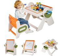CostwayEnsemble Table et Chaise pour Enfants Multi-activités Chevalet d'Art Pliant avec Plateau Réversible et Porte-Stylos pour 18 Mois+ Orange