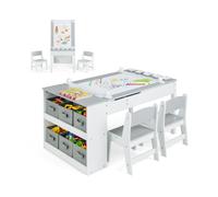 CostwayEnsemble Table et Chaises Multifonctionnel pour Enfants Bureau D'activités avec Plateau Relevable Rouleau de Papier Gobelets à Peinture et 6 Bacs Blanc Gris