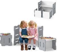 CostwayEnsemble Table et Chaises pour Enfants 3PCS Bureau avec 2 Tabourets et Table d'Activités Coins Arrondis Poignées Intégrées Gris