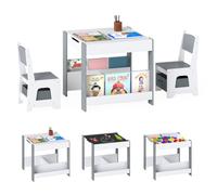 CostwayEnsemble Table et Chaises pour Enfants Bureau d'Activités en Bois pour Tout-Petits avec Plateau Réversible Bibliothèques & Tiroirs Gris