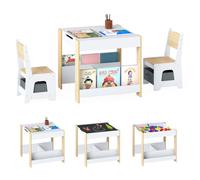 CostwayEnsemble Table et Chaises pour Enfants Bureau d'Activités en Bois pour Tout-Petits avec Plateau Réversible Bibliothèques & Tiroirs Naturel