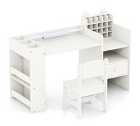 CostwayEnsemble Table et Chaises pour Enfants Bureau de Peinture pour Enfants avec Porte-rouleau de Papier Amovible et Armoire Cubique Blanc