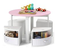 CostwayEnsemble Table et Chaises pour Enfants Table Gigogne Ronde avec 4 Tabourets 4 Tiroirs en Tissu Rose et Blanc