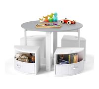 CostwayEnsemble Table et Chaises pour Enfants Table Gigogne Ronde avec 4 Tabourets 4 Tiroirs en Tissu Gris et Blanc