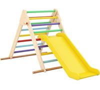 CostwayEnsemble Triangle Pikler Escaladeur Triangle Pliable avec Toboggan & Barres en Bois de Hêtre Solide Aire de Jeux pour 1 An et Plus Coloré