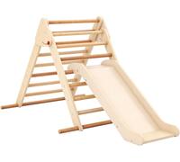 CostwayEnsemble Triangle Pikler Escaladeur Triangle Pliable avec Toboggan & Barres en Bois de Hêtre Solide Aire de Jeux pour 1 An et Plus Naturel