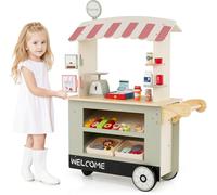 CostwayEpicerie Enfant en Bois avec 30 PCS Accessoires Marchande avec Auvent Supérieur & Poignée de Poussée Motif d Aliments Mignons 3 Ans+ Vert