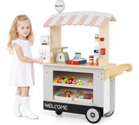 CostwayEpicerie Enfant en Bois avec 30 PCS Accessoires Marchande avec Auvent Supérieur & Poignée de Poussée Motif d Aliments Mignons 3 Ans+ Noir