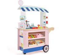 CostwayEpicerie Enfant en Bois avec 30 PCS Accessoires Marchande Enfants avec Auvent Supérieur & Poignée de Poussée Motif d Aliments Mignons 3 Ans+