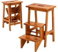 CostwayEscabeau à 3 Marches Pliable Marche Pied en Bois d'Hévéa 3 en 1 Tabouret Pliante avec Poignée Charge 270kg 58 x 41 x 61 cm Café