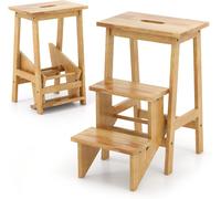 CostwayEscabeau à 3 Marches Pliable Marche Pied en Bois d'Hévéa 3 en 1 Tabouret Pliante avec Poignée Charge 270kg 58 x 41 x 61 cm Naturel
