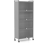 CostwayÉtagère de Cuisine 5 Niveaux avec 4 Portes PC Escamotables Meuble de Rangement avec 4 Roues pour Salle à Manger Salon Gris