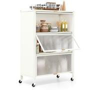 CostwayÉtagère de Cuisine à 4 Niveaux avec Portes Rabattables Support de Micro-ondes en Métal sur Roulettes Universelles Verrouillables Blanc