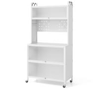 CostwayÉtagère de Cuisine à 5 Niveaux Support Micro-ondes Multifonction avec Portes Battantes Panneau Perforé & Crochets Blanc